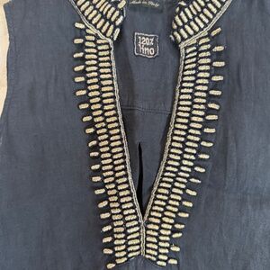 120 Lino Women's Dress LINEN Sleeveless Tank Embroidered Blue Italy Small